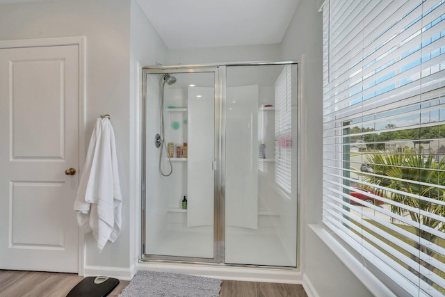 bathroom with hardwood / wood-style flooring and a shower with door