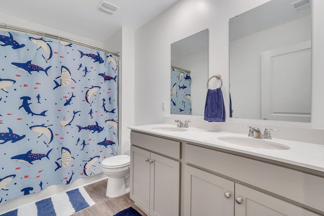 bathroom with vanity, hardwood / wood-style flooring, toilet, and walk in shower