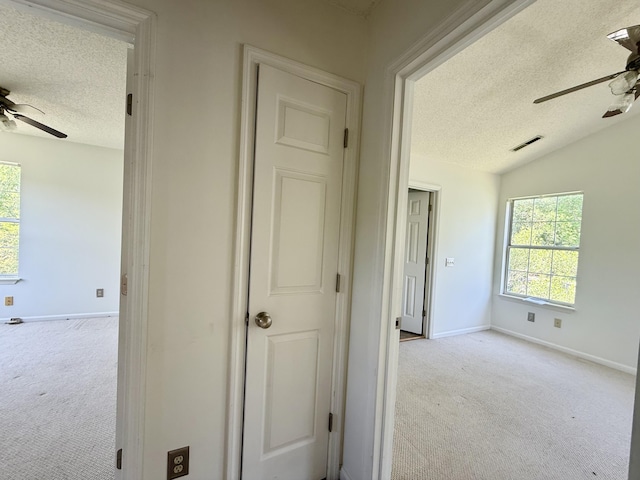 hallway featuring plenty of natural light, a textured ceiling, visible vents, baseboards, and carpet flooring