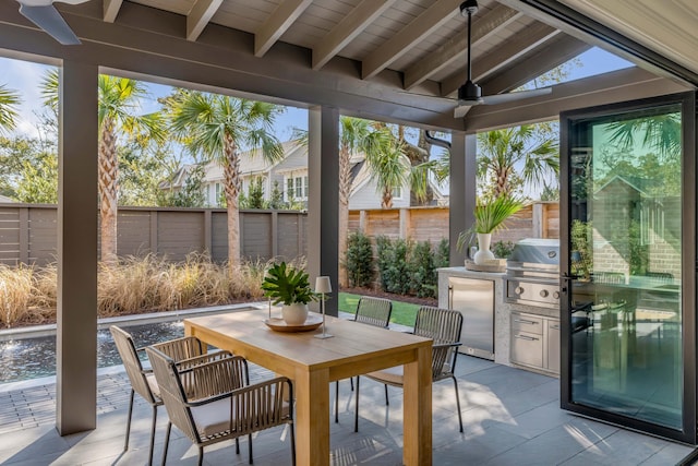 sunroom featuring wood ceiling, lofted ceiling with beams, and ceiling fan