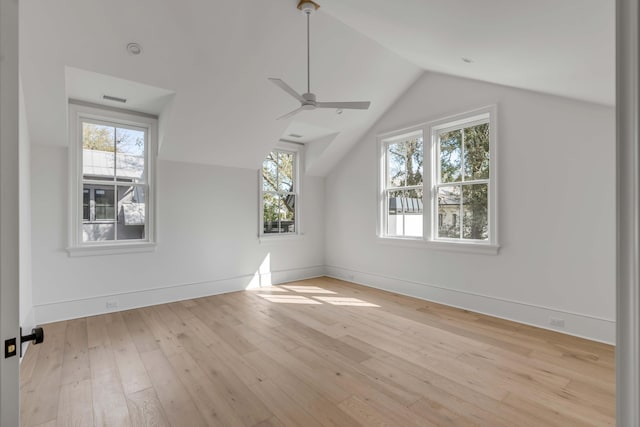 bonus room with ceiling fan, lofted ceiling, light wood-type flooring, and a wealth of natural light