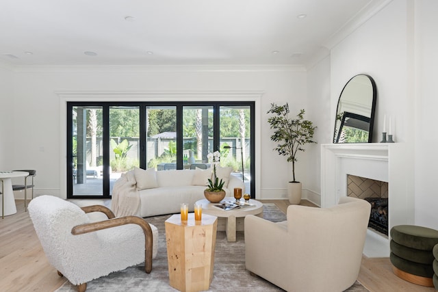 living room with ornamental molding, a healthy amount of sunlight, and light wood-type flooring