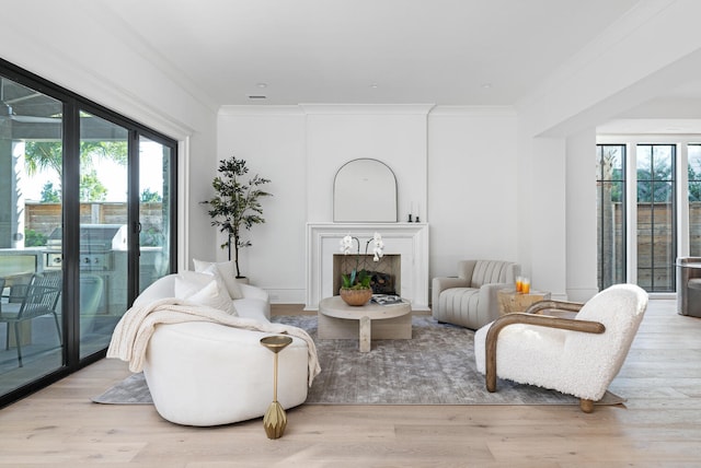 living room with ornamental molding, a high end fireplace, and light hardwood / wood-style floors