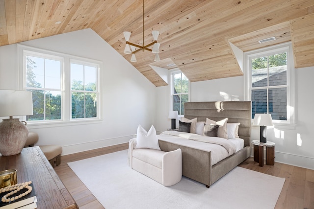 bedroom featuring wooden ceiling, lofted ceiling, and light wood-type flooring