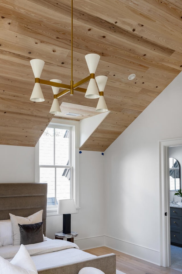 bedroom featuring lofted ceiling, sink, wooden ceiling, and light hardwood / wood-style flooring