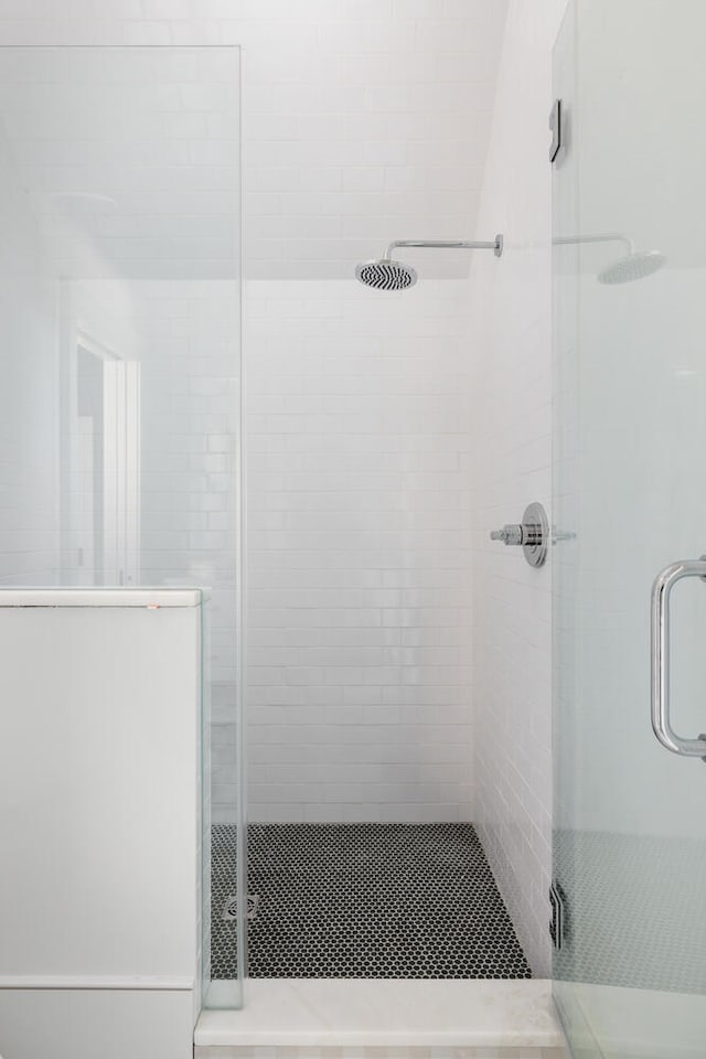 bathroom with a shower with shower door