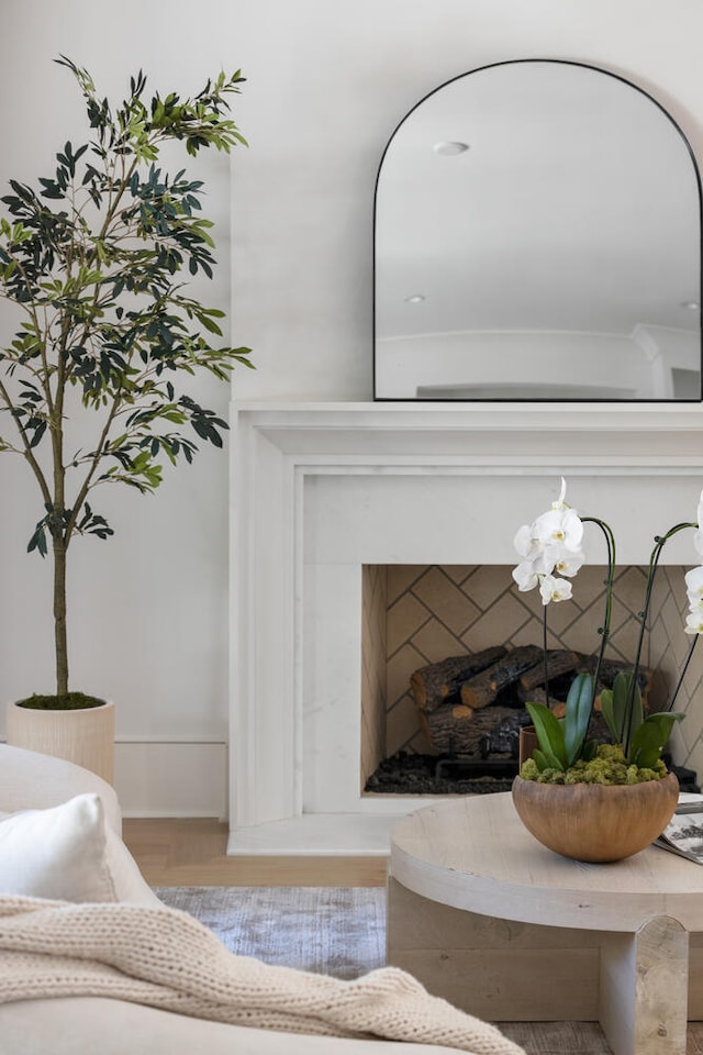 details with wood-type flooring and a premium fireplace