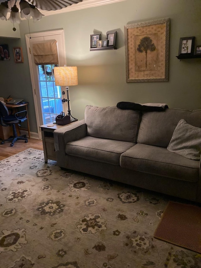 living room featuring crown molding