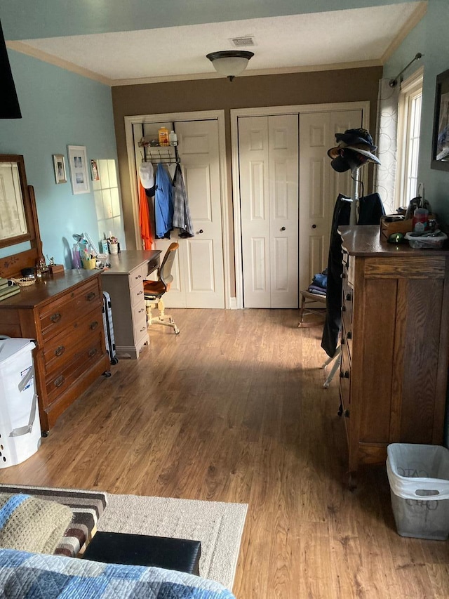 interior space with ornamental molding, two closets, and light hardwood / wood-style floors