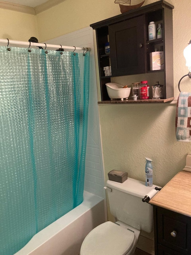 full bathroom with toilet, vanity, and shower / bathtub combination with curtain