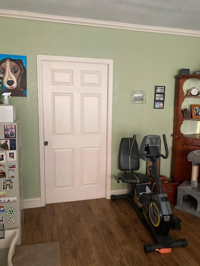 exercise area with ornamental molding and dark wood-type flooring