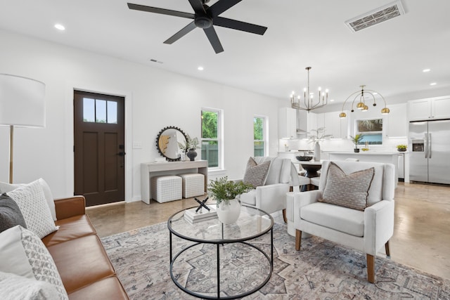 42 Poinsett St Unit B, Charleston, SC 29403 - living area featuring concrete floors, a chandelier, ceiling fan, and recessed lighting