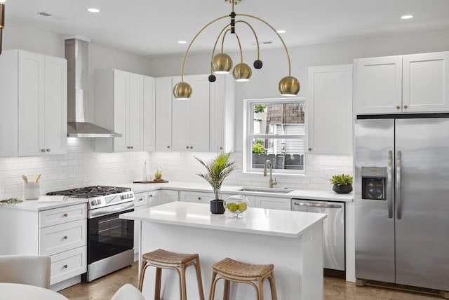 42 Poinsett St Unit B, Charleston, SC 29403 - kitchen featuring appliances with stainless steel finishes, a sink, wall chimney exhaust hood, white cabinets, and backsplash