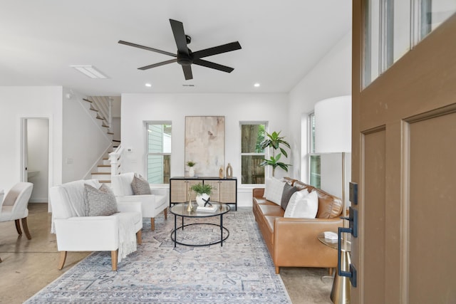 42 Poinsett St Unit B, Charleston, SC 29403 - living room with stairs, a ceiling fan, and recessed lighting