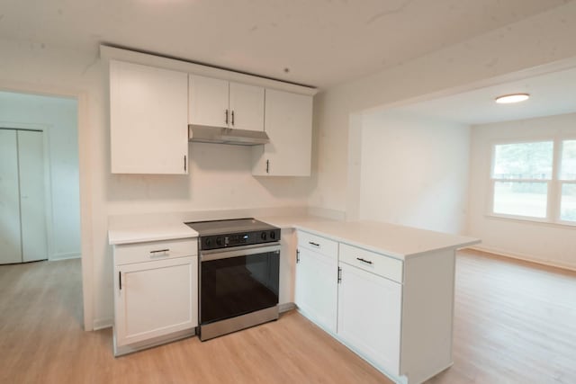 kitchen featuring kitchen peninsula, white cabinets, and stainless steel range with electric cooktop