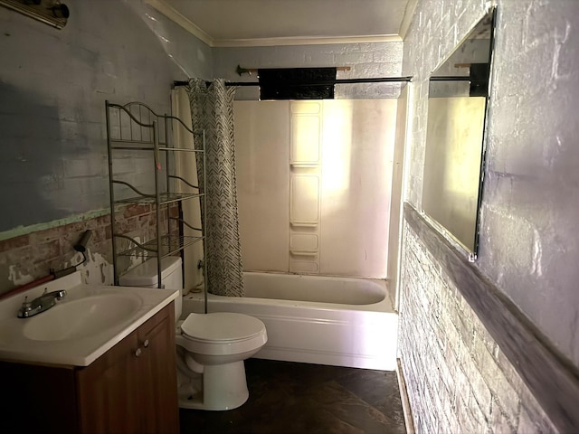 full bath with toilet, ornamental molding, vanity, and shower / bath combination