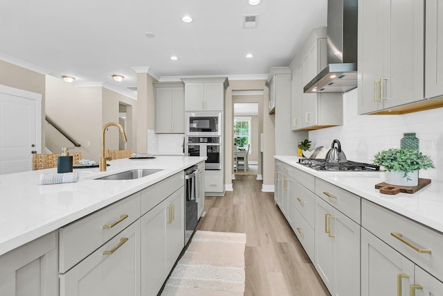 kitchen featuring light wood-type flooring, tasteful backsplash, sink, wall chimney range hood, and stainless steel appliances