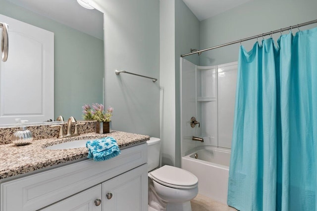 full bathroom with toilet, shower / bath combo with shower curtain, and vanity