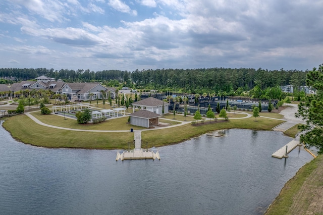 drone / aerial view with a water view