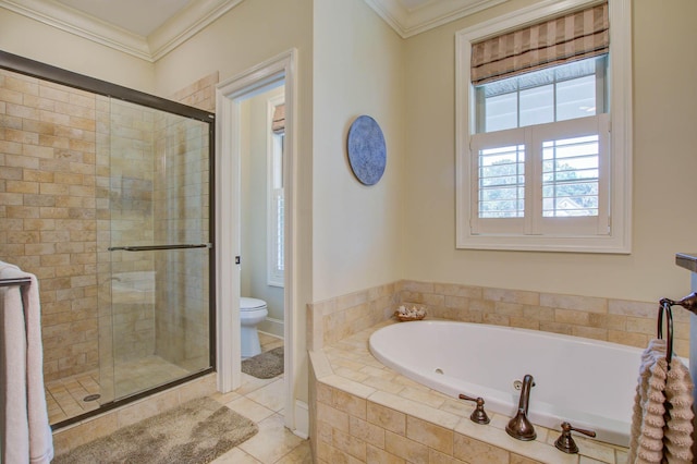 bathroom featuring a shower stall, a jetted tub, tile patterned floors, ornamental molding, and toilet