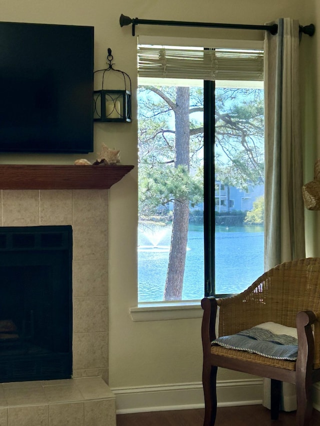 interior space with a water view and a tiled fireplace