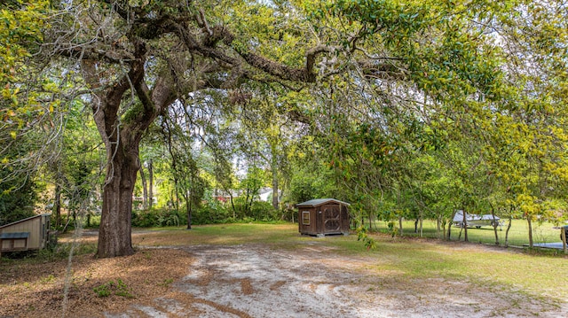 view of yard featuring an outbuilding and a storage shed