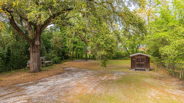 view of yard featuring an outdoor structure and a shed