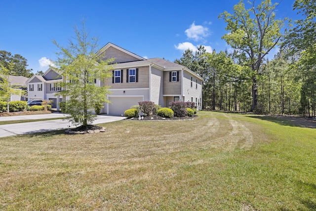 view of home's exterior with an attached garage, a yard, and driveway
