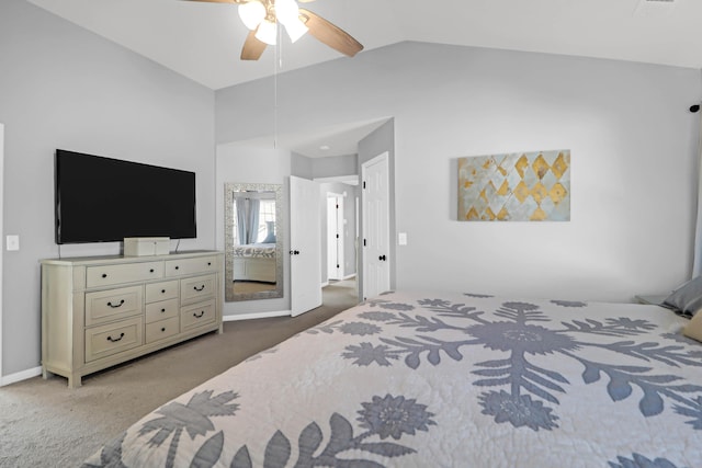 bedroom featuring carpet, lofted ceiling, and ceiling fan