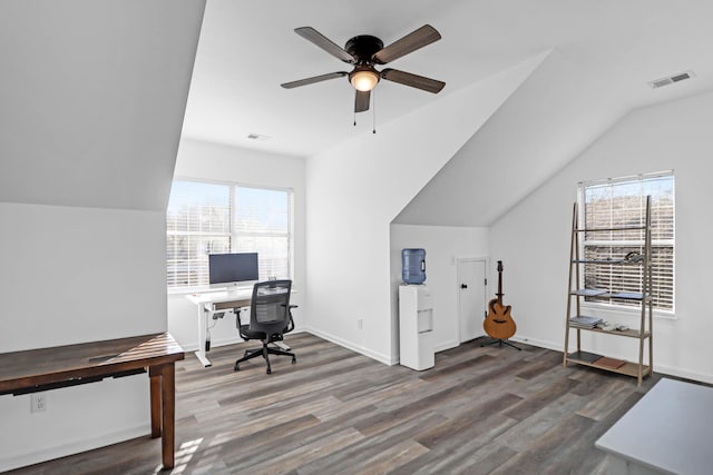 office space with vaulted ceiling, dark hardwood / wood-style floors, and ceiling fan