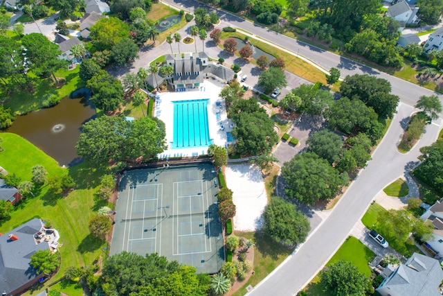 aerial view featuring a water view