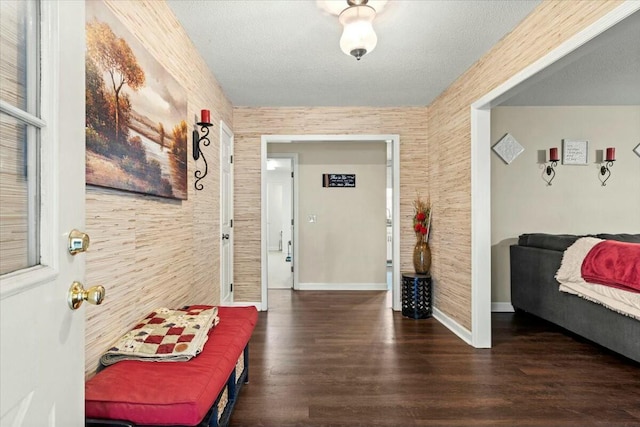 foyer entrance featuring dark hardwood / wood-style floors and a textured ceiling