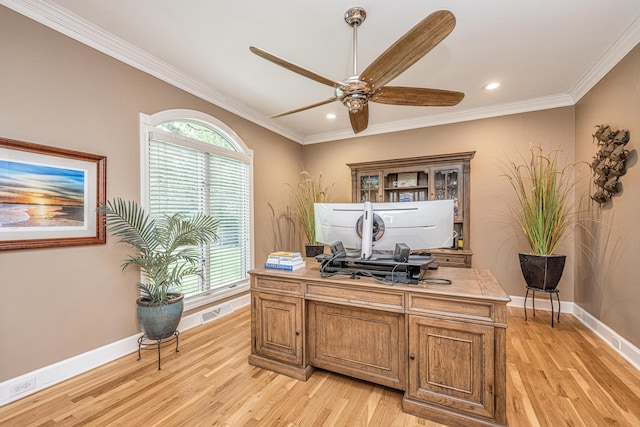 office featuring ceiling fan, ornamental molding, and light hardwood / wood-style flooring