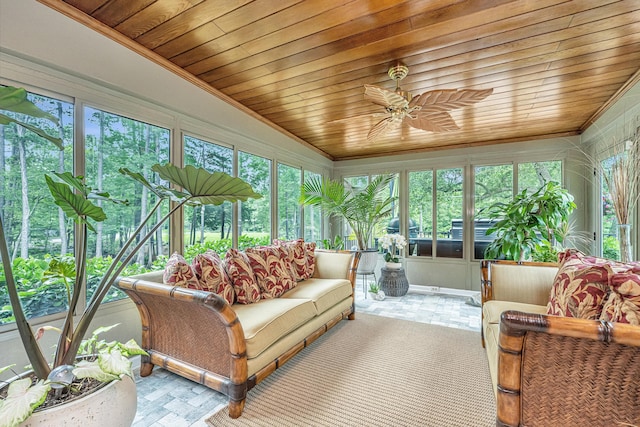 sunroom featuring wood ceiling, ceiling fan, and lofted ceiling