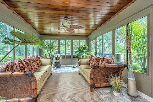 sunroom featuring vaulted ceiling, wood ceiling, and ceiling fan