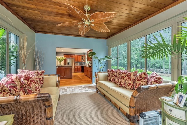 sunroom featuring wood ceiling, ceiling fan, and plenty of natural light