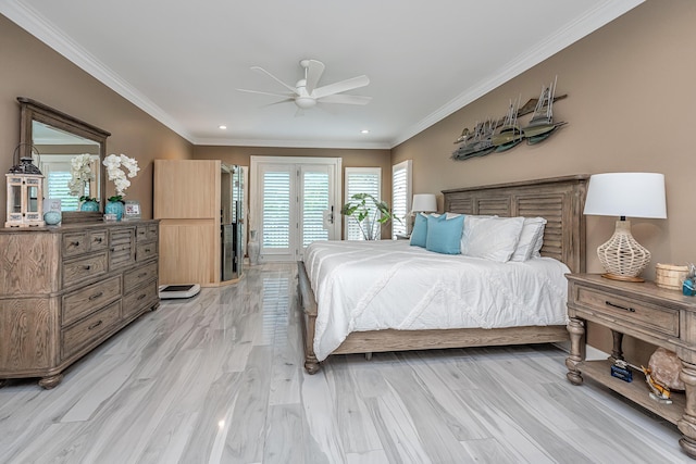 bedroom featuring ornamental molding, ceiling fan, and light hardwood / wood-style flooring