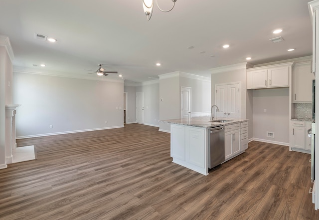 kitchen with white cabinets, dishwasher, dark hardwood / wood-style floors, and sink