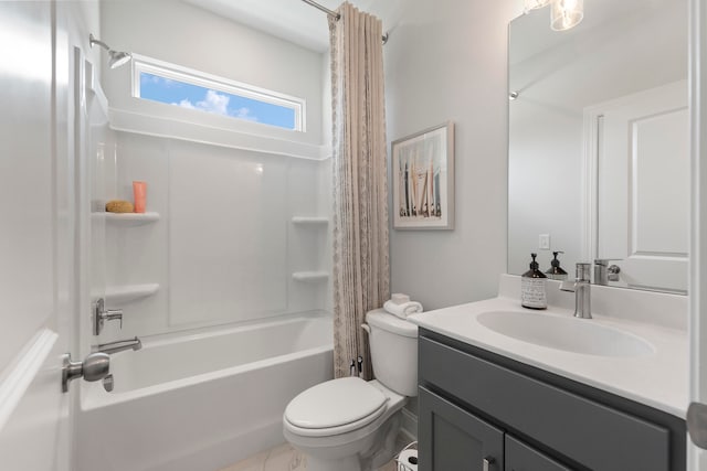 full bathroom featuring vanity, toilet, and shower / bath combination with curtain