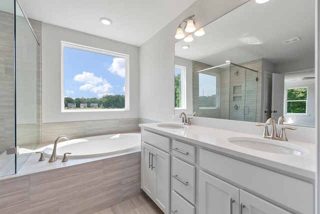 bathroom featuring shower with separate bathtub, a healthy amount of sunlight, and vanity