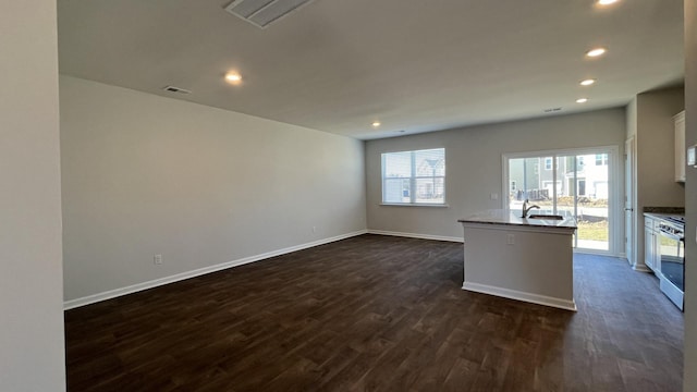 kitchen with dark hardwood / wood-style flooring, sink, a wealth of natural light, and stainless steel range