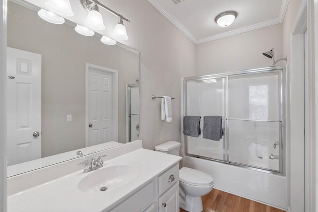 167 Palm Cove Way, Mount Pleasant, SC 29466 - bathroom with vanity, crown molding, bath / shower combo with glass door, and wood finished floors