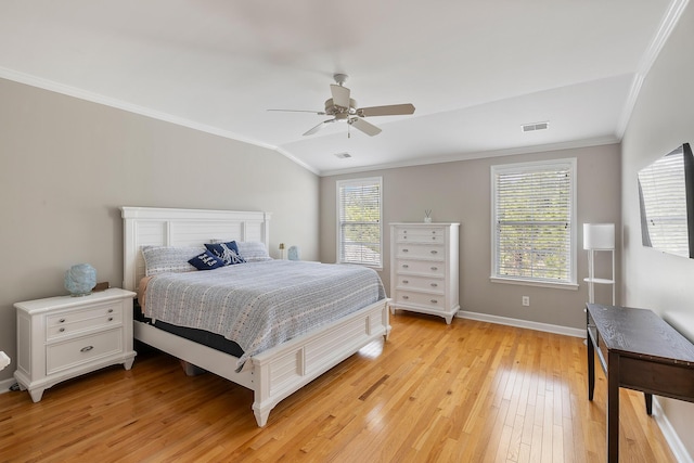167 Palm Cove Way, Mount Pleasant, SC 29466 - bedroom with crown molding, light wood-type flooring, vaulted ceiling, and ceiling fan