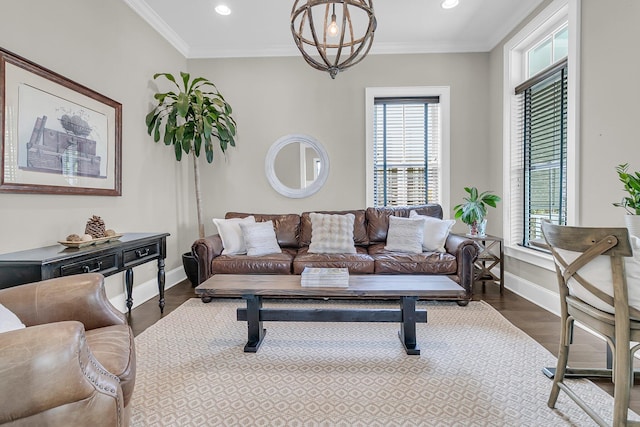 2072 Amenity Park Dr, Mount Pleasant, SC 29466 - living area with baseboards, dark wood finished floors, recessed lighting, and ornamental molding