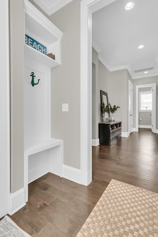 2072 Amenity Park Dr, Mount Pleasant, SC 29466 - mudroom featuring ornamental molding, wood finished floors, recessed lighting, and baseboards