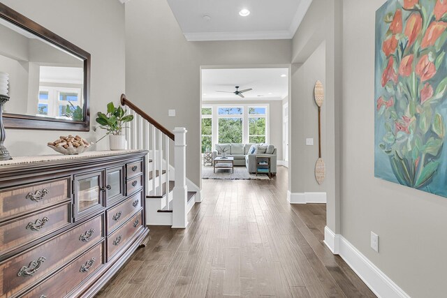 2072 Amenity Park Dr, Mount Pleasant, SC 29466 - foyer featuring a ceiling fan, dark wood-style floors, stairs, crown molding, and baseboards