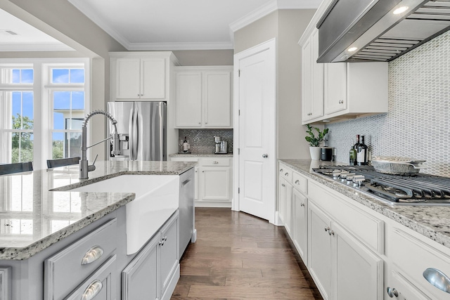 2072 Amenity Park Dr, Mount Pleasant, SC 29466 - kitchen featuring stainless steel appliances, wall chimney exhaust hood, decorative backsplash, a sink, and dark wood-style flooring