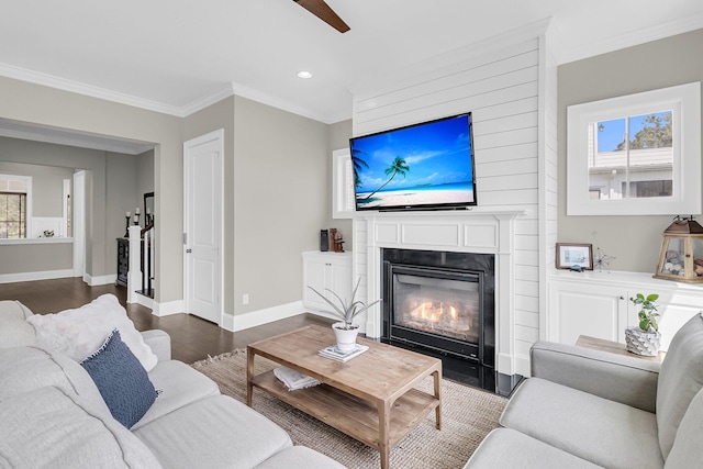 2072 Amenity Park Dr, Mount Pleasant, SC 29466 - living area featuring dark wood-style flooring, a glass covered fireplace, crown molding, recessed lighting, and baseboards