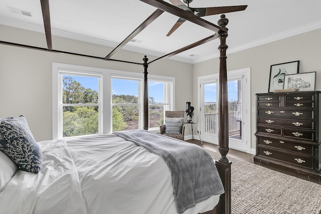2072 Amenity Park Dr, Mount Pleasant, SC 29466 - bedroom with access to outside, crown molding, wood finished floors, a ceiling fan, and baseboards