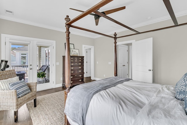 2072 Amenity Park Dr, Mount Pleasant, SC 29466 - bedroom with french doors, wood finished floors, access to outside, ornamental molding, and a ceiling fan